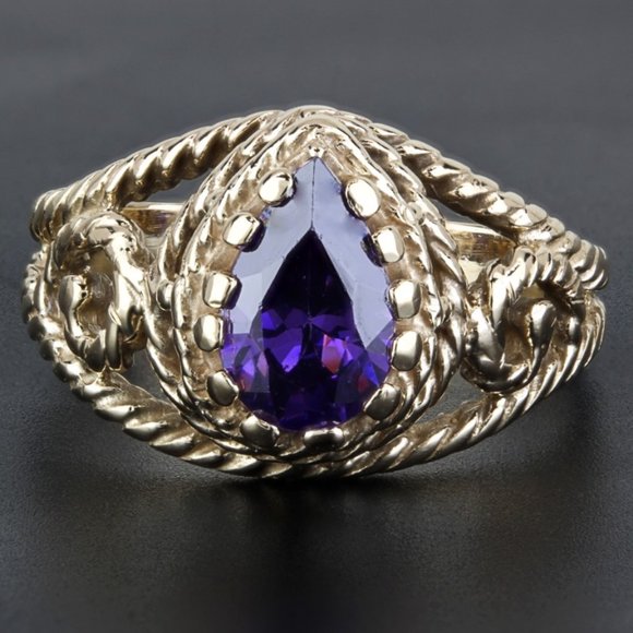 Vintage 14k Yellow Gold+ Simulated Purple Amethyst Filigree Anniversary Ring